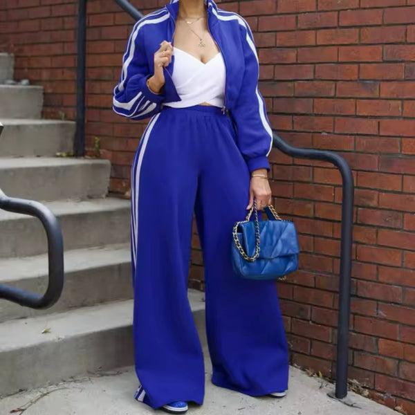 Women Fashion Striped Zip Up Tracksuit Two Piece Pant Set