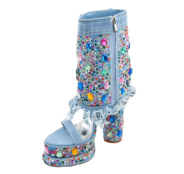 Women Fashion Open Toe Color Crystal Platform Denim Ankle Boots
