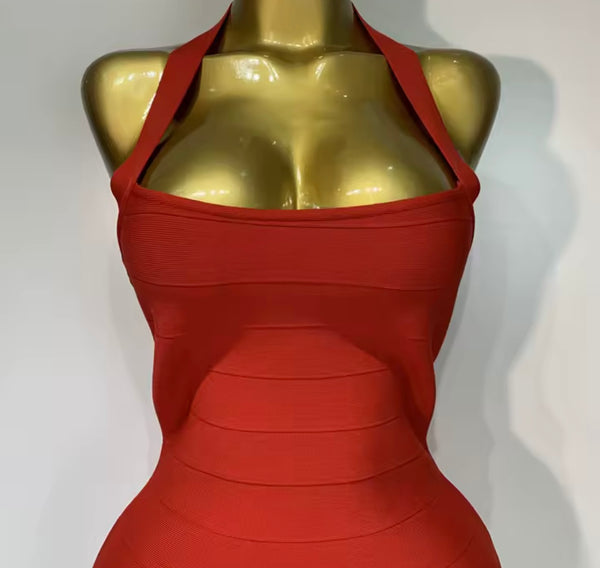 Women Red Sexy Halter Sleeveless Bandage Dress