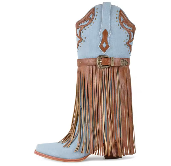 Women Buckled Fringe Tassel Fashion Knee High Western Boots