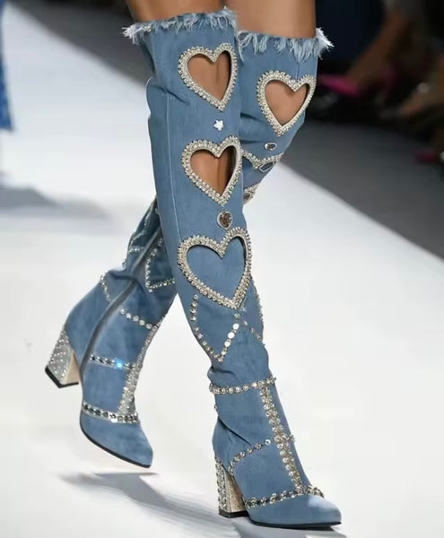 Women Fashion Denim Heart Bling Knee High Boots