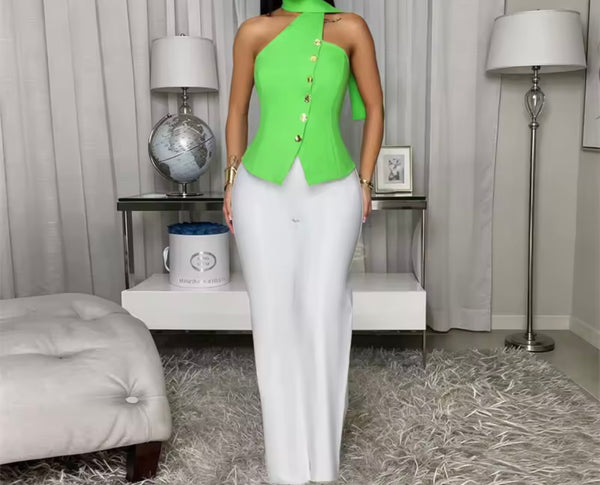 Women Button Up Halter Sleeveless Two Piece Pant Set