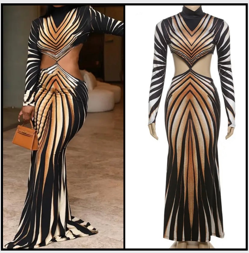 Women Sexy Cut Out Full Sleeve Printed Maxi Dress