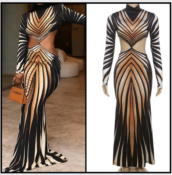 Women Sexy Cut Out Full Sleeve Printed Maxi Dress