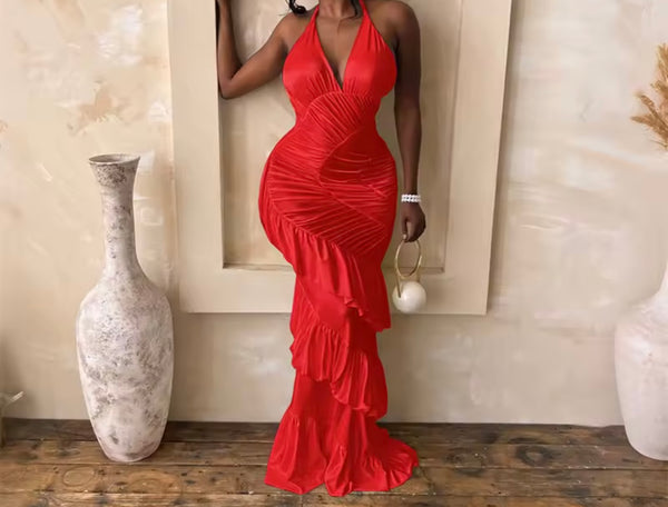 Women Sexy Halter Sleeveless Ruffled Maxi Dress