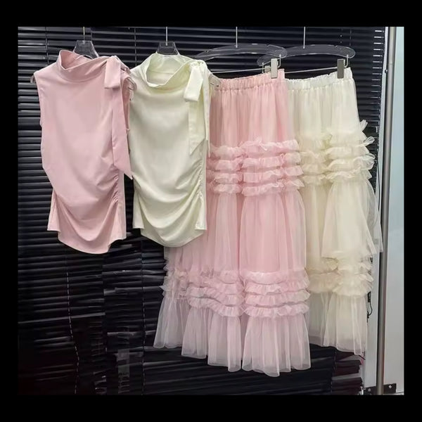 Women Ruched Bow Sleeveless Two Piece Ruffled Maxi Skirt Set