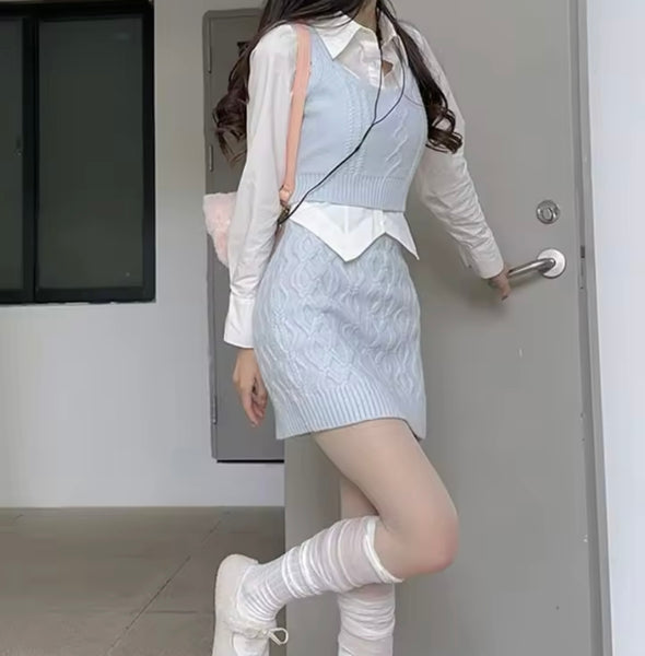 Women Fashion Full Sleeve Knitted Three Piece Skirt Set