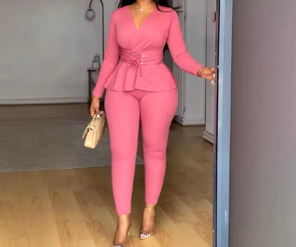 Women Solid Color Tie Up Full Sleeve Two Piece Pant Set