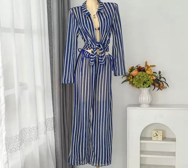 Women Sexy Color Striped Bikini Cover Up Set