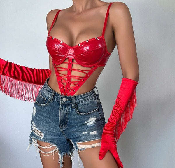 Women Sleeveless Sexy PU Lace Up Bodysuit Lingerie