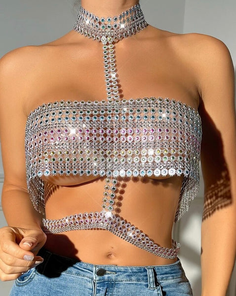 Women Fashion Halter Sleeveless Bling Open Back Crop Top