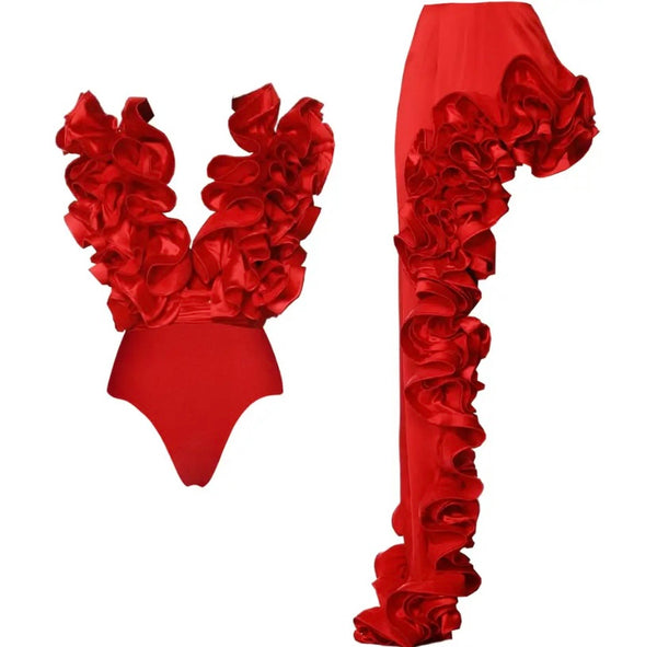 Women Sexy Red Ruffled Swimsuit Cover Up Set