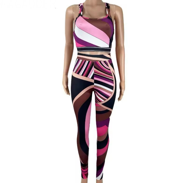 Women Sexy Sleeveless Multicolor Striped Tank Two Piece Pant Set
