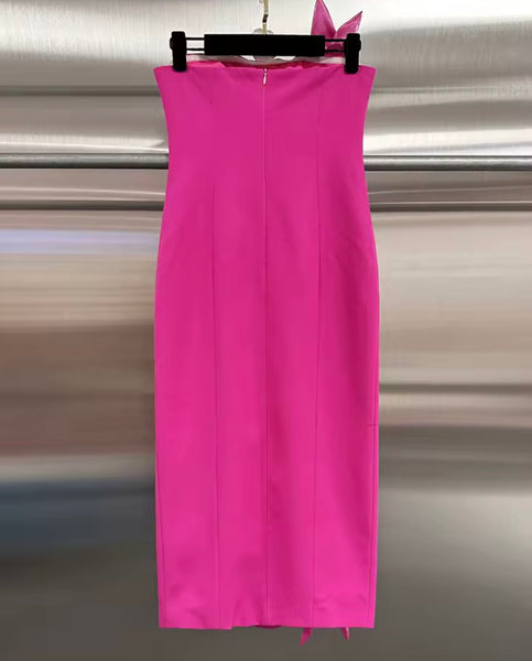 Women Sexy Strapless Pink 3D Floral Side Split Dress
