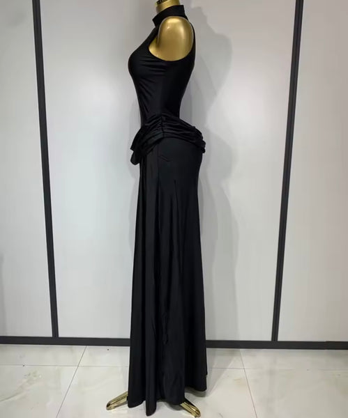 Women Sexy Sleeveless Solid Color Ruched Side Split Maxi Dress