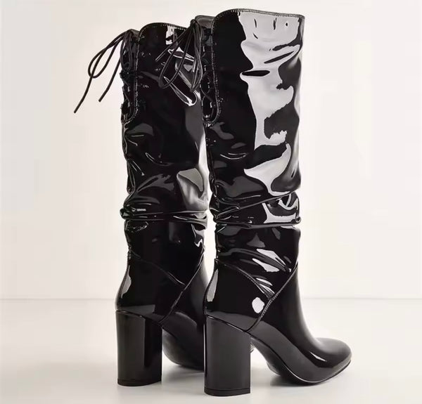 Women Fashion Black Patent Leather/Suede Tie Up Knee High Boots