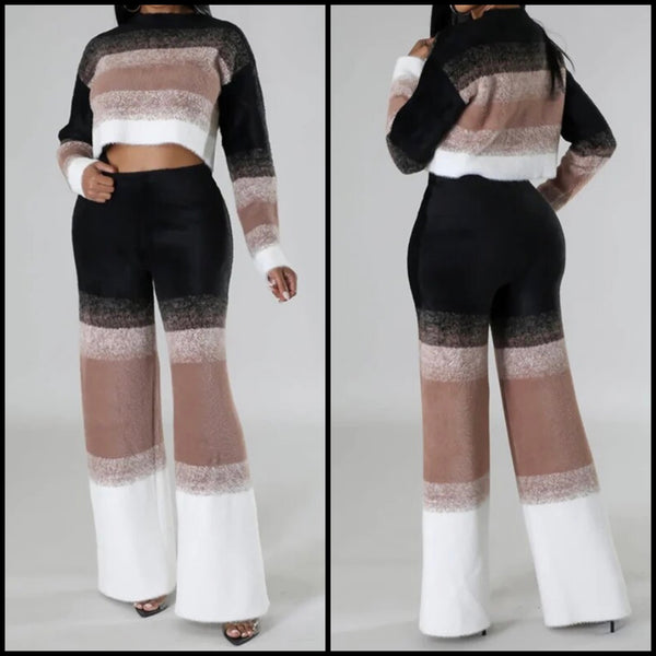 Women Multicolored Striped Fashion Two Piece Full Sleeve Pant Set