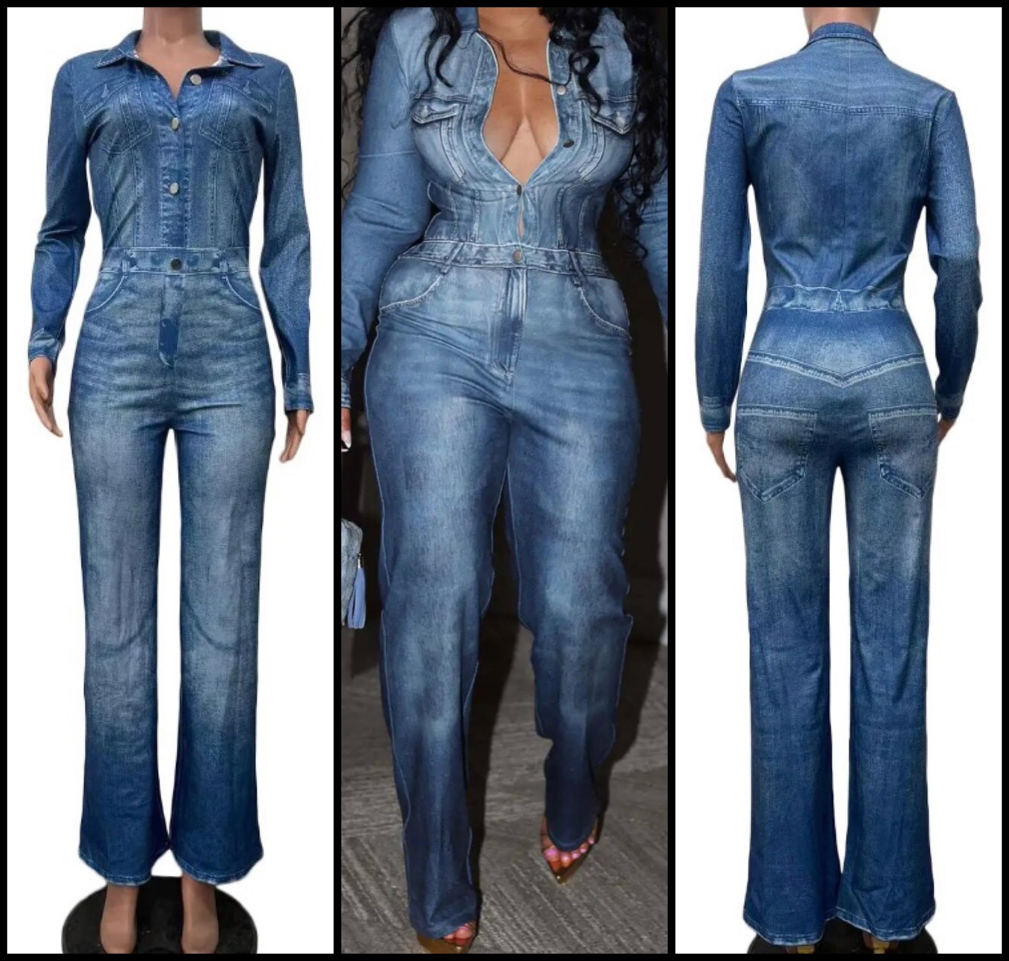 Women Button Up Full Sleeve Fashion Denim Jumpsuit