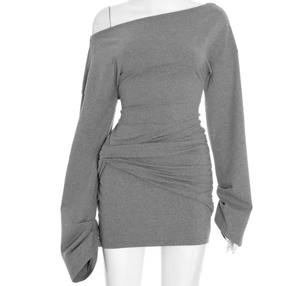 Women Sexy Gray Slant Shoulder Full Sleeve Ruched Dress