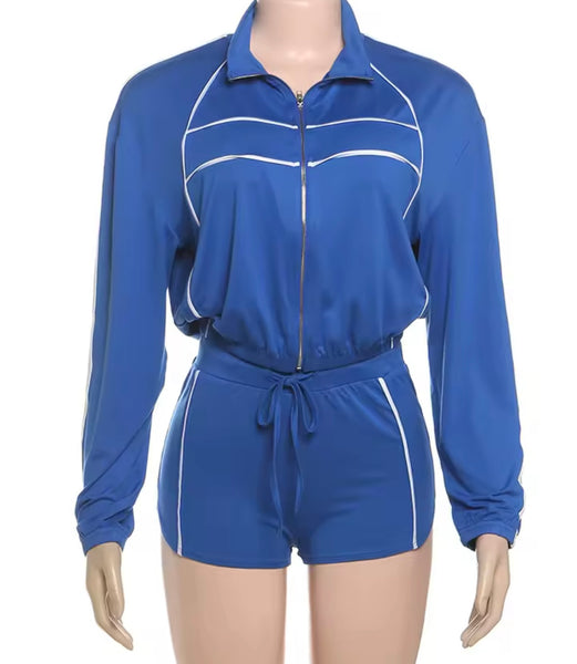 Women Fashion Blue Striped Tracksuit Two Piece Short Set