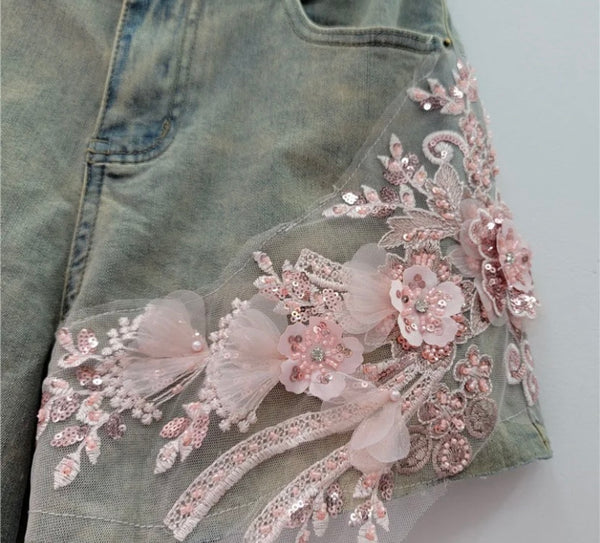 Women Fashion Pink Floral Patchwork Denim Shorts