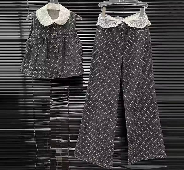 Women Lace Polka Dot Button Up Vest Denim Two Piece Pant Set