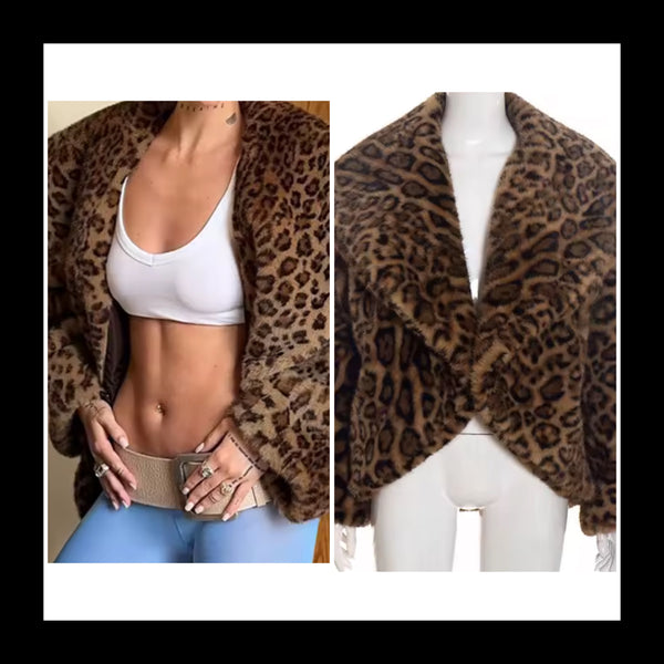 Women Leopard Print Faux Fur Fashion Jacket