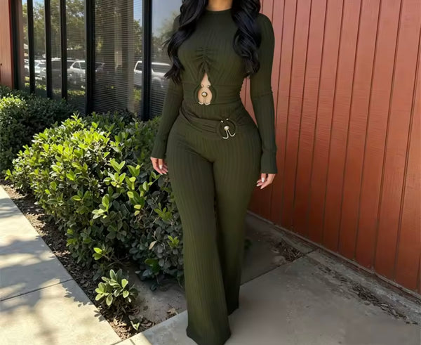 Women Ribbed Cut Out Full Sleeve Fashion Jumpsuit