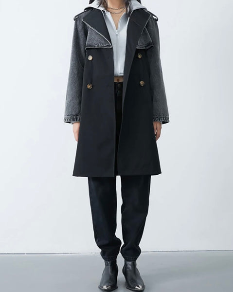 Women Fashion Denim Patchwork Trench Jacket