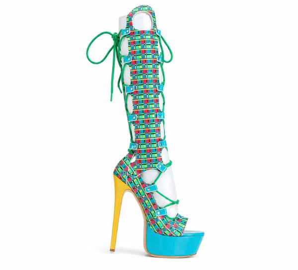 Women Fashion Open Toe Platform Lace Up Knee High Boots