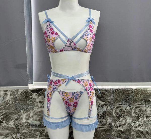 Women Sexy Blue Floral Cut Out Lingerie Set
