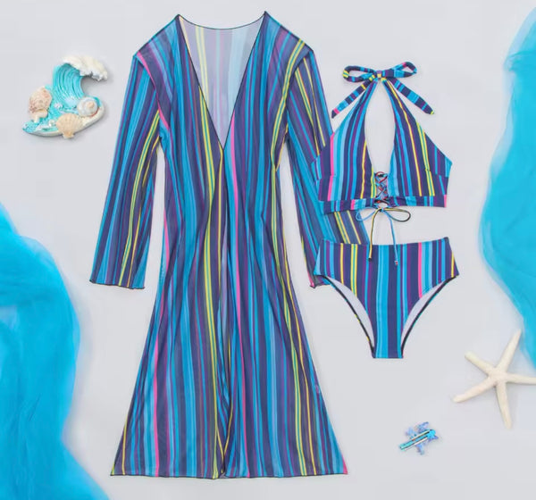 Women Sexy Multicolored Striped Bikini Cover Up Set
