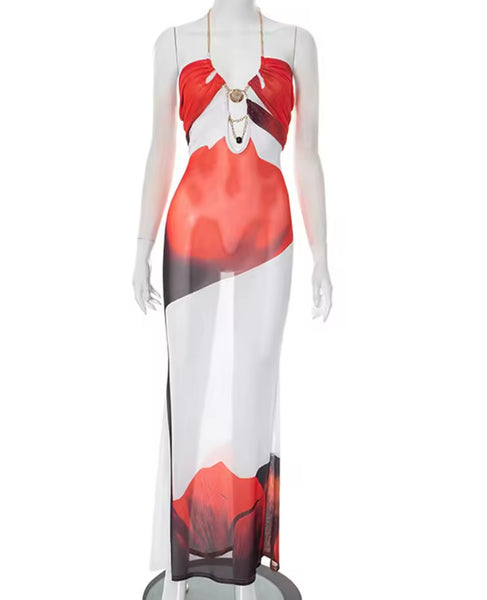 Women Sexy Chain Halter Sleeveless Floral Print Mesh Dress
