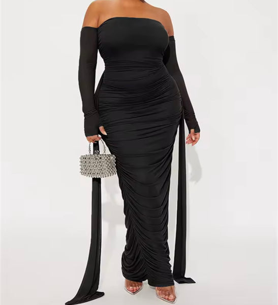 Women Sexy Off The Shoulder Mesh Full Sleeve Ruched Maxi Dress