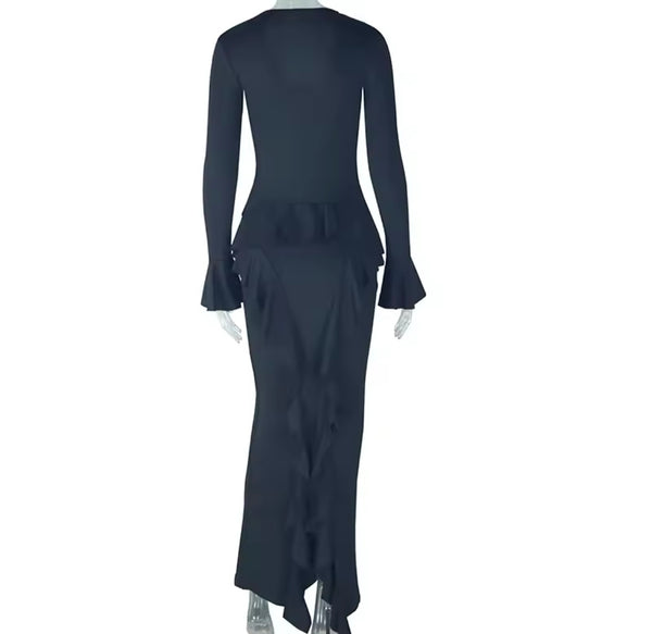 Women Sexy Black Ruffled Full Sleeve Maxi Dress