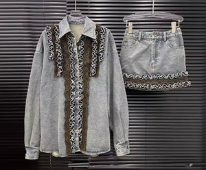 Women Fashion Color Ruffled Full Sleeve Denim Two Piece Skirt Set