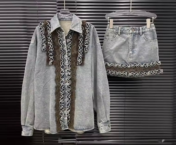 Women Fashion Color Ruffled Full Sleeve Denim Two Piece Skirt Set