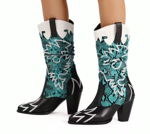 Women Fashion Color Animal Print Faux Leather Western Boots