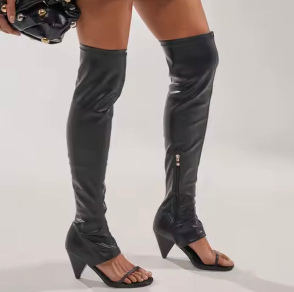 Women Fashion Faux Leather Open Toe Knee High Boots