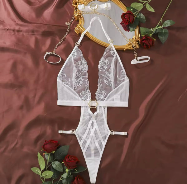 Women Sexy White Floral Mesh Halter Bodysuit Lingerie