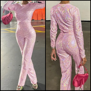 Women Fashion Pink Sparkly Full Sleeve Two Piece Pant Set