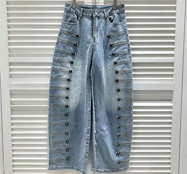 Women Fashion Metal Button Patchwork Denim Pants
