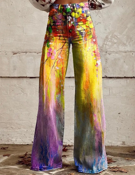 Women Fashion Colorful Print Wide Leg Pants