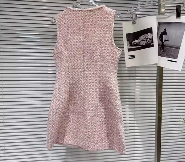 Women Button Up Sleeveless Floral Tweed Dress