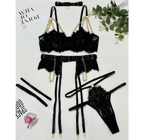 Women Sexy Black Chain Choker Lace Lingerie Set
