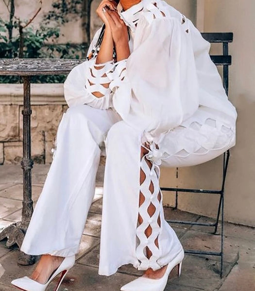 Women White Sexy Cut Out Full Sleeve Two Piece Pant Set