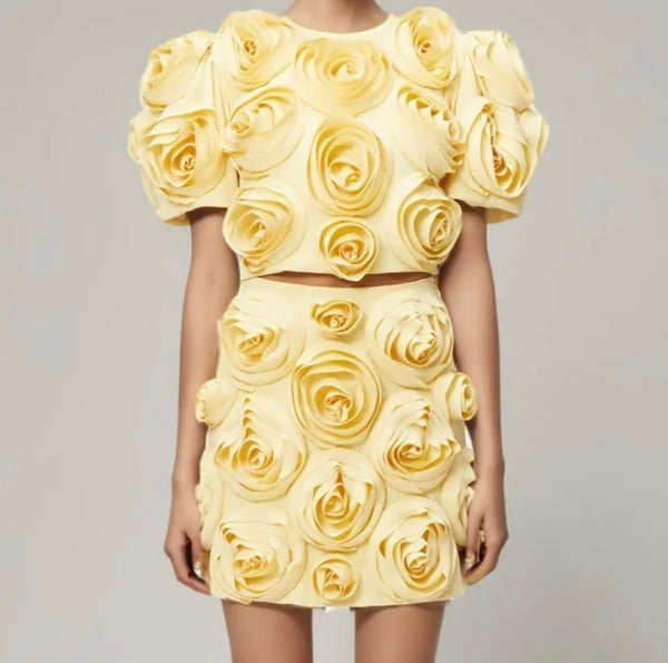 Women Yellow 3D Floral Sexy Short Sleeve Two Piece Skirt Set