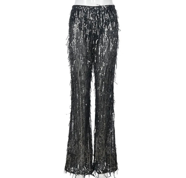 Women Sexy Bling Mesh Tassel Pants