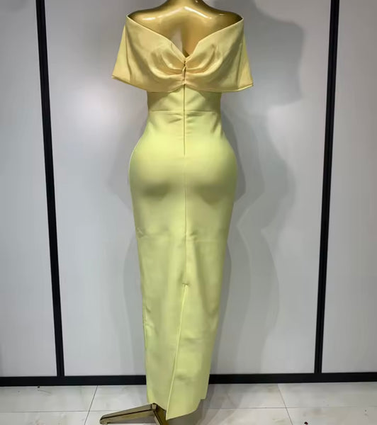 Women Yellow Floral Rhinestone Off The Shoulder Maxi Dress