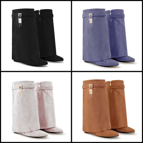 Women Color Fashion Buckled Lock Platform Wedge Boots